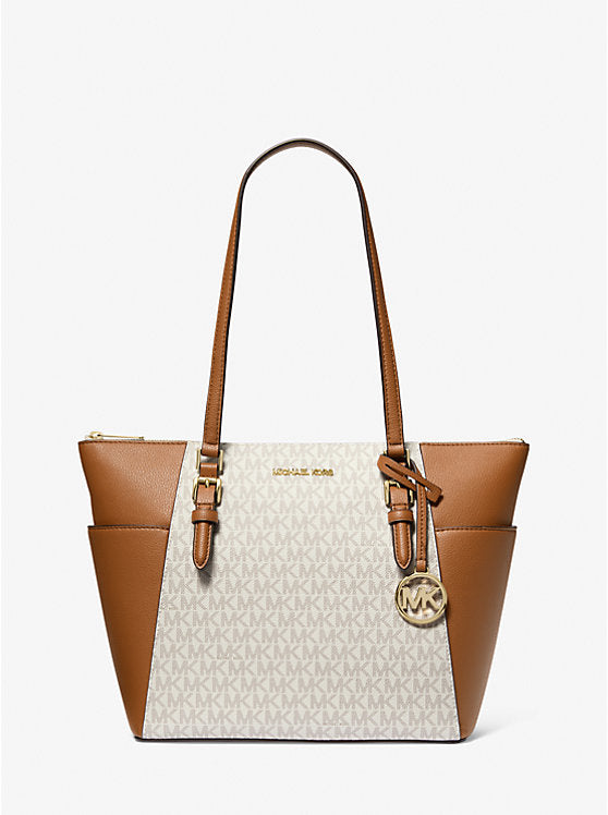 MICHAEL KORS Charlotte Large Logo and Leather Top-Zip Tote Bag
