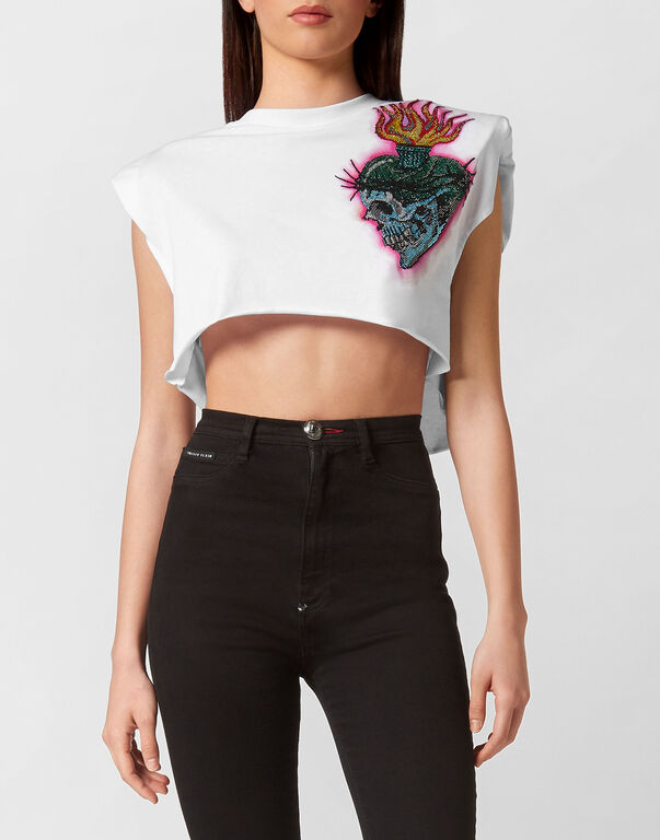 PHILIPP PLEIN Shoulder Pads Cropped Top Love Tattoo