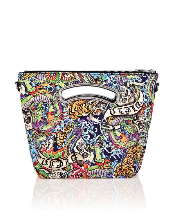 PHILIPP PLEIN Satin & Mirror Leather Medium Handle Bag Tattoo