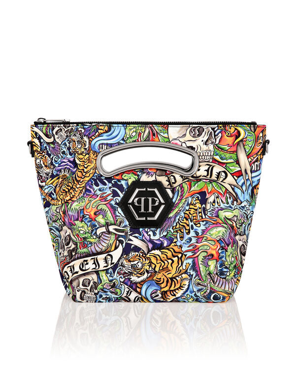PHILIPP PLEIN Satin & Mirror Leather Medium Handle Bag Tattoo