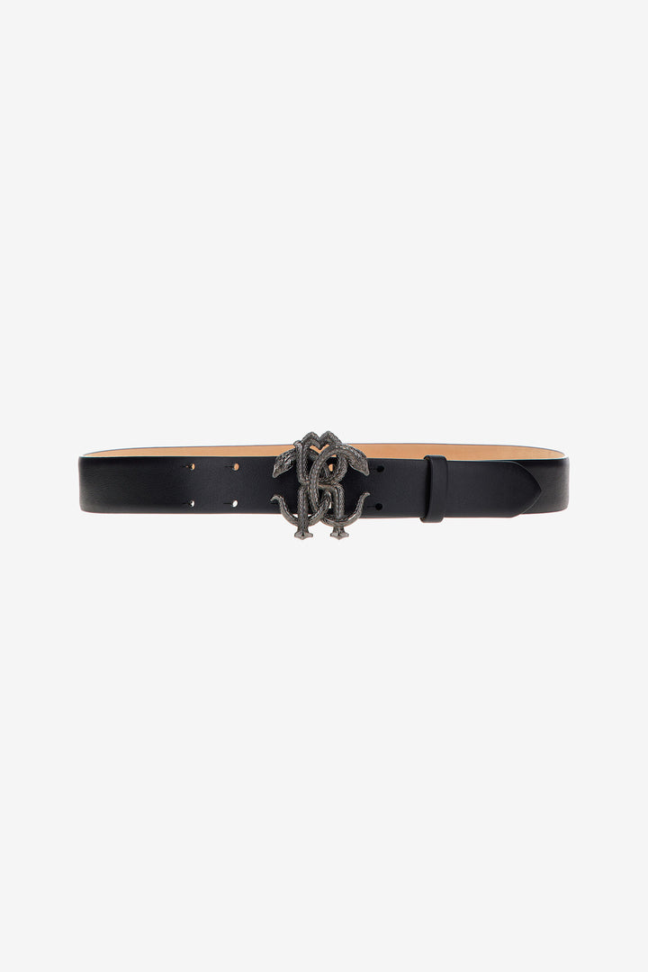Black Leather Belt With Monogram RC Snake Buckle