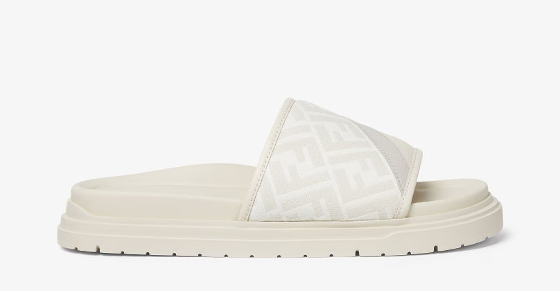 FENDI  Fendi Diagonal Slides White FF jacquard and leather slides