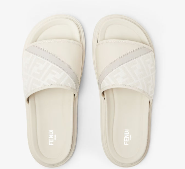 FENDI  Fendi Diagonal Slides White FF jacquard and leather slides
