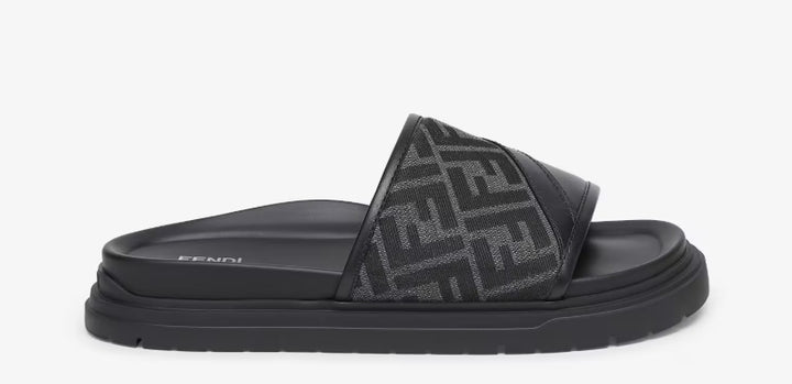 Fendi Diagonal Slides Gray FF jacquard and black leather slides