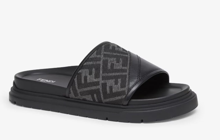 Fendi Diagonal Slides Gray FF jacquard and black leather slides