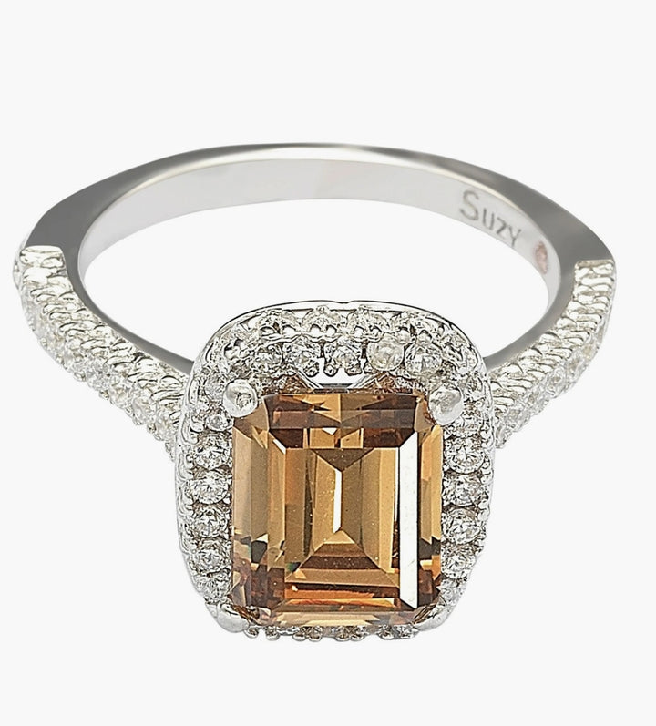 Sterling Silver Ascher Cut Brown CZ RING