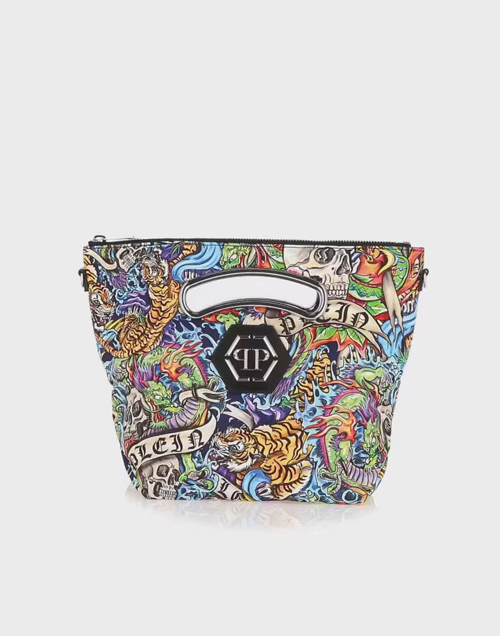 PHILIPP PLEIN Satin & Mirror Leather Medium Handle Bag Tattoo